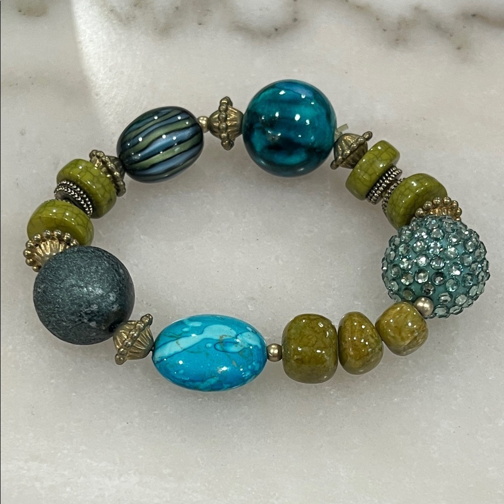 Retro Statement Beaded Bracelet in Blue and Green